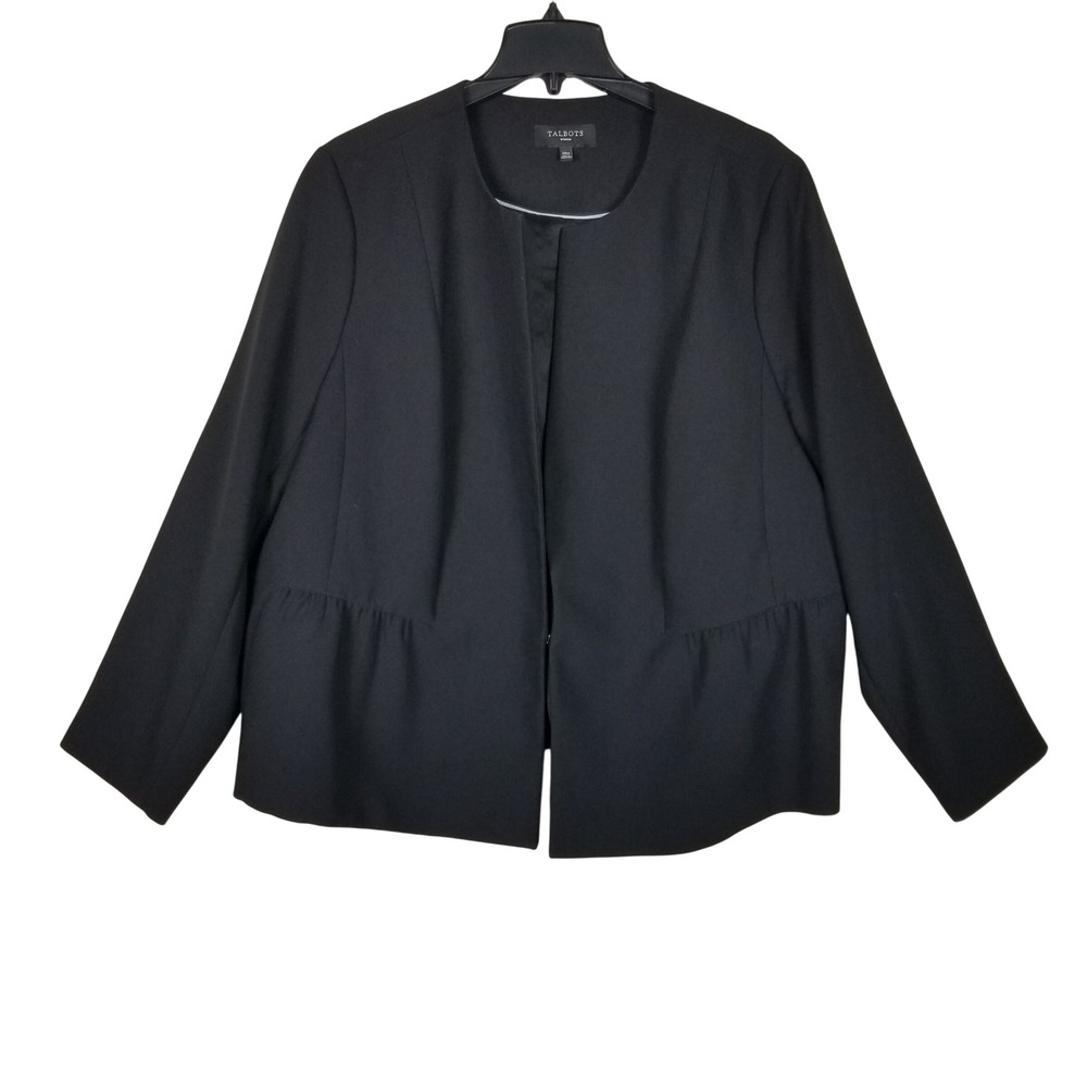 Talbots Blazer Women 20W Black Collarless Peplum Gathered Open Front Jacket